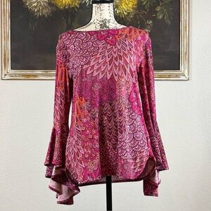 Prelude Womens Size Medium Pink Orange Geometric Print Bell Sleeve Blouse